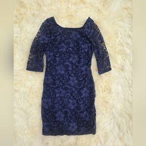BCX Floral Body Con Size 3 Navy Blue Lace Dress 3/4 Sleeves Juniors Size 13 Mini